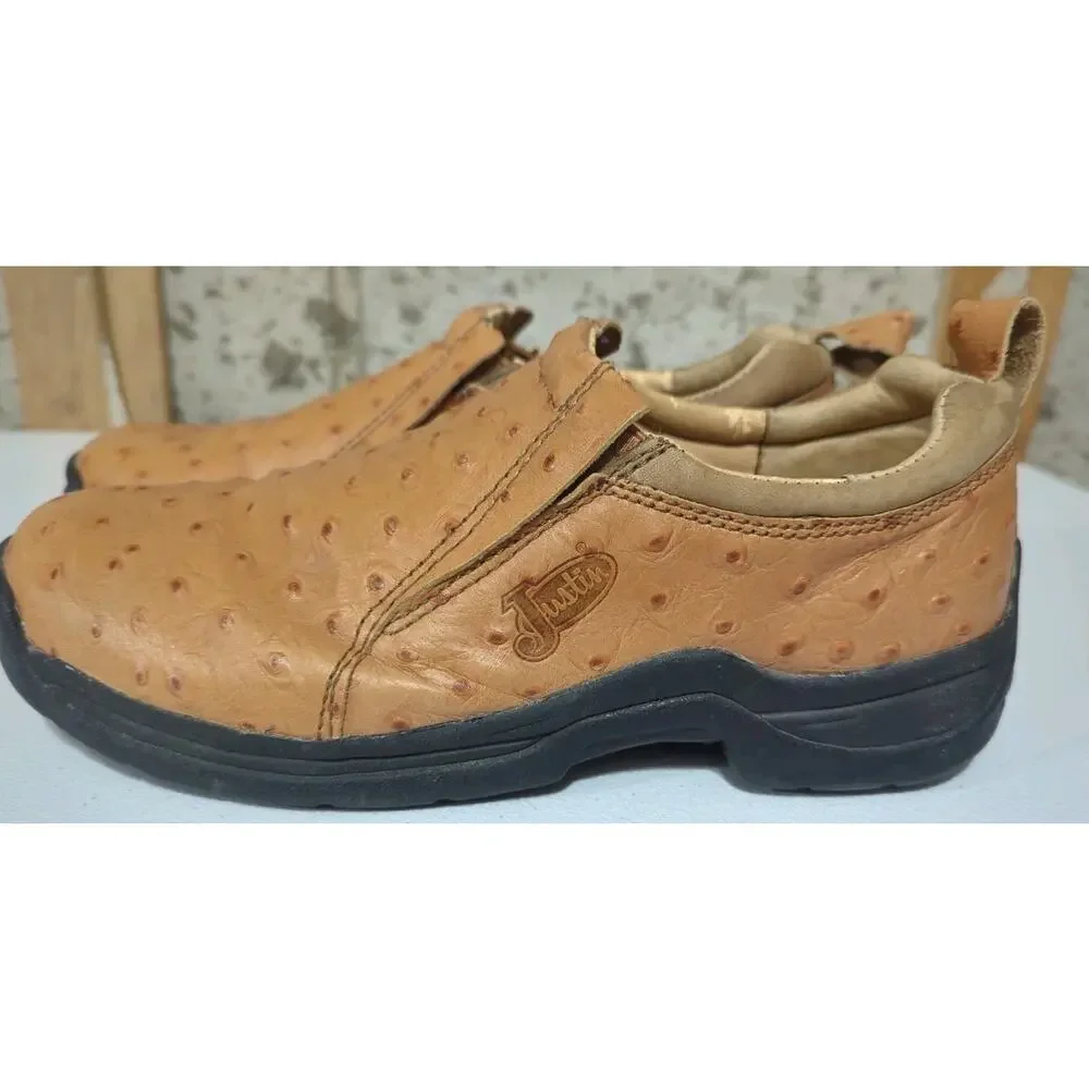 Justin 192 Mens Size 9 Brown Tan Ostrich Leather Loafer Low Top Comfort Shoes
